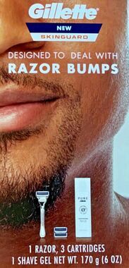 Mens SkinGuard Razor Bumps: Razor, 3 Cartridges, Shave Gel 5pc Set Gillette NIB